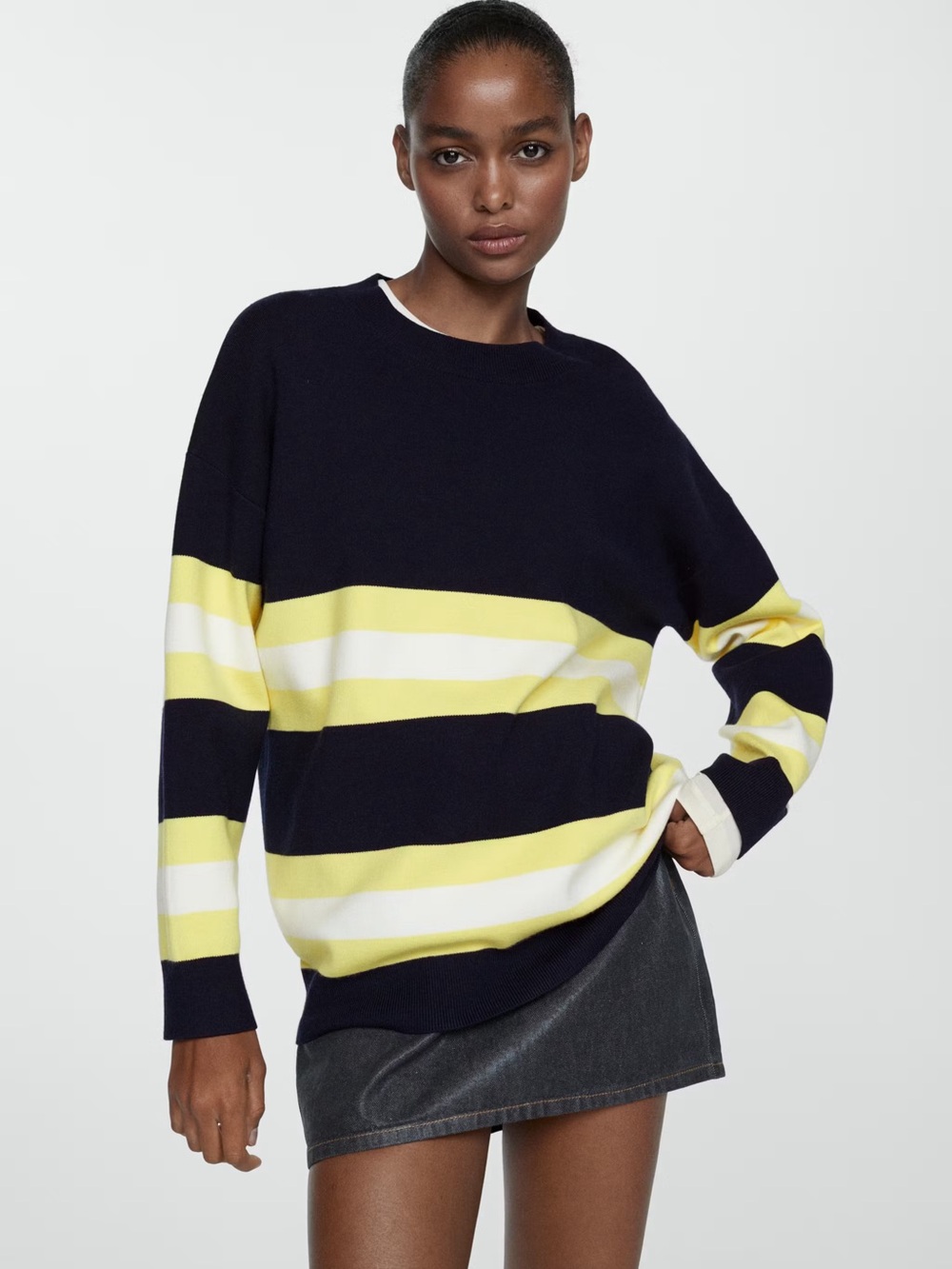 Mango Navy, Yellow & White Striped Crewneck Sweater